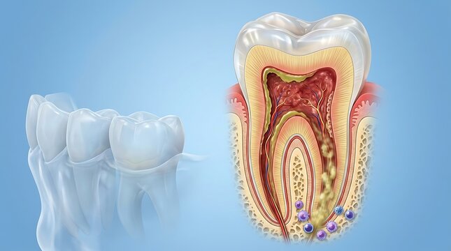 Tooth anatomy cross section displays the internal structure of a molar with periodontal disease and inflammation affecting the root and surrounding gum tissue on a soft blue background.