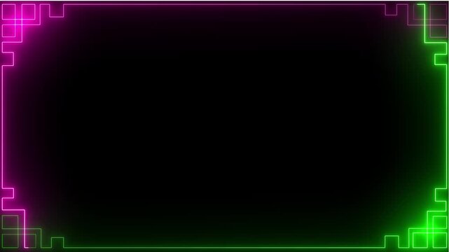 Empty futuristic holographic neon frame with glowing pink and green color digital border and abstract geometric accents on a black background 4k video
