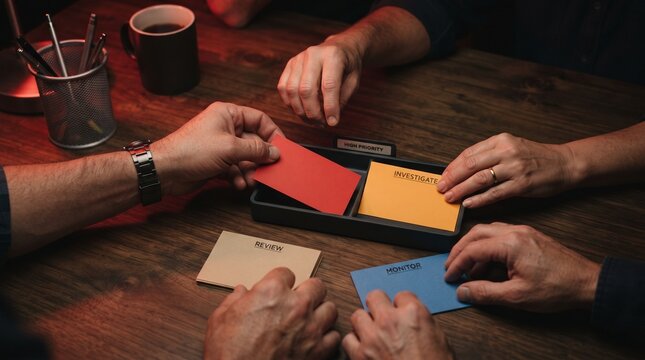 Hands prioritize incident cards in a cyber crisis simulation