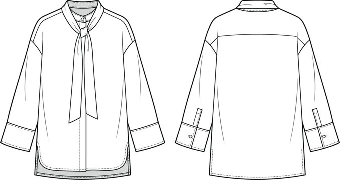 Women's Tie Neck Blouse Technical Flat Sketch Front and Back View Apparel Template
