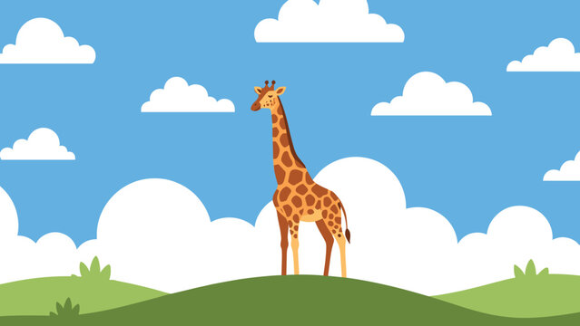 Giraffe standing on a green grassy hill under a bright blue sky filled with white cartoon clouds in flat vector style.