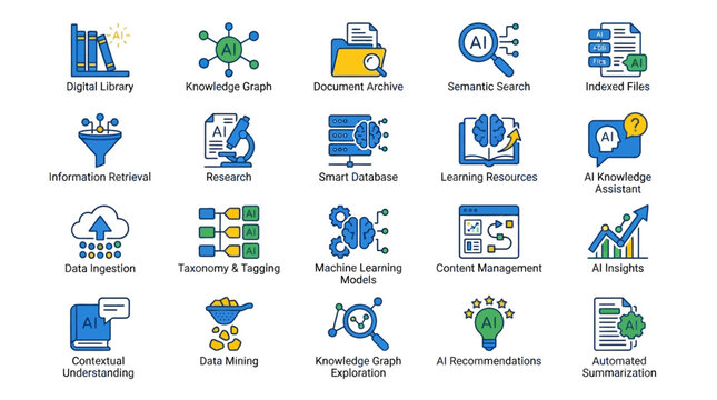 Collection of modern flat icons representing data science and artificial intelligence concepts.