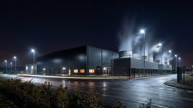 Data center building exterior releasing steam from cooling towers at night