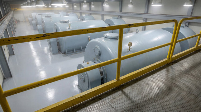 Row of large industrial turbines inside a power generation facility