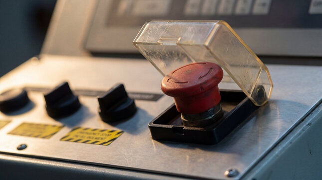 Close-up of an illuminated red emergency stop button on an industrial control panel