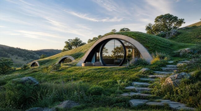 Modern eco-friendly earth sheltered home integrated into a grassy hillside.