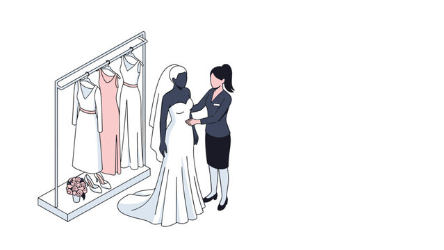 Elegant bride tries on a beautiful white gown with the help of a professional boutique consultant in a shop.