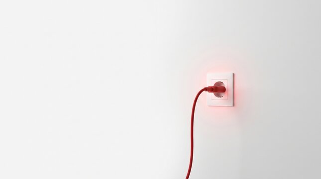 A glowing red electric cord plugged into a white wall outlet representing energy consumption and power connectivity concepts