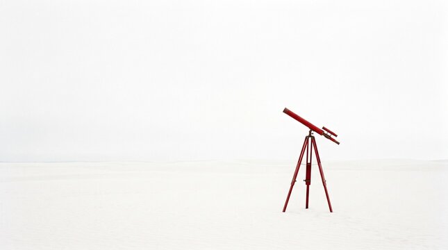 Minimalist red telescope standing isolated on a vast empty white desert landscape representing scientific exploration and visionary future perspectives