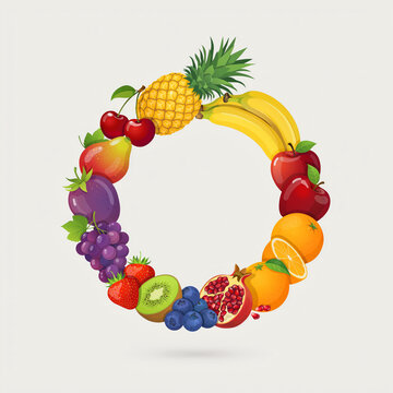 Colorful Fresh Fruit Wreath Frame with Healthy Tropical Fruits Isolated on White Background