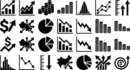 Financial market trends and economic statistics icons illustrating growth and decline cycles © Abu Siddik