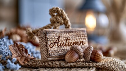 Obraz premium Rustic wooden autumn sign with natural hazelnut and textured burlap fabric