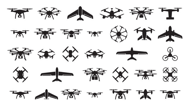 Drone silhouette icon set, unmanned aerial vehicle collection with 30 vector elements, black quadcopter and fixed-wing aircraft symbols for technology design
