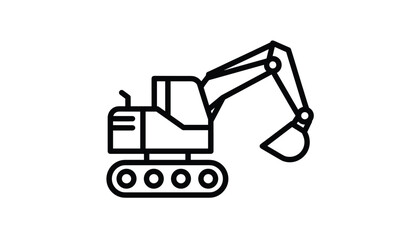 Naklejka premium Minimalist black line icon of a heavy construction excavator machine on tracks isolated on a white background.