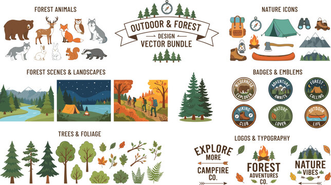 Outdoor and forest vector bundle featuring wild animals, camping icons, nature badges, pine trees, landscape scenes, and adventure logo design templates.