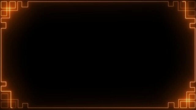 Empty futuristic holographic neon frame with glowing orange color digital border and abstract geometric accents on a black background 4k video