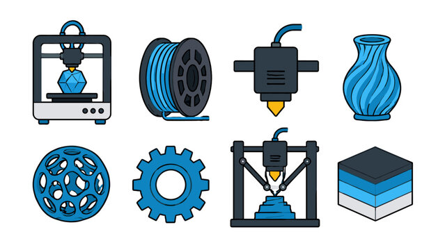Blue 3D printing icon set with printer, filament, nozzle, and vase