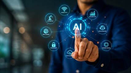 Fototapeta premium Person touching artificial intelligence holographic icon with futuristic technology network.