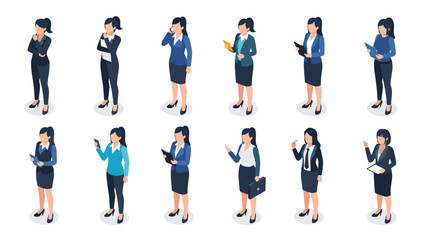 Obraz premium Diverse collection of twelve isometric corporate businesswomen characters in various professional poses.