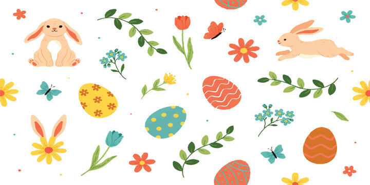 Cute easter seamless pattern with colorful eggs, funny bunnies, spring flowers and butterflies