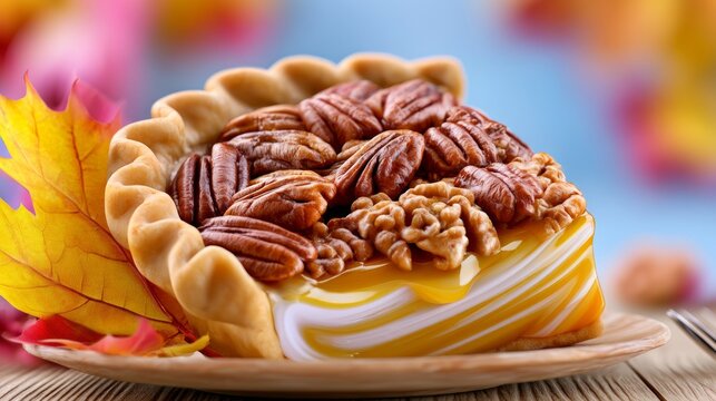 Close up of pecan nut tart pie with caramel sauce and autumn leaf decor