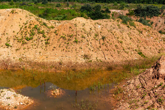 Raw sandy clay hills surround a small stagnant pool in an abandoned quarry, showing earthy textures and patches of wild green vegetation under summer sunlight