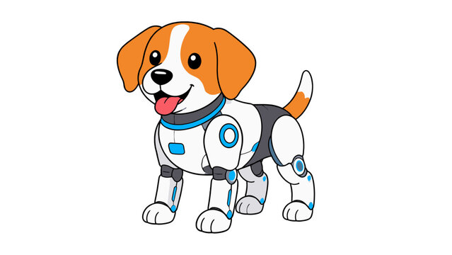 Cute robotic puppy cartoon character in white and orange