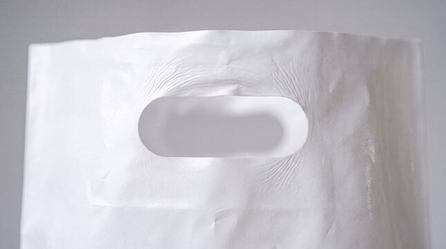 Close-up photograph of a white plastic bag handle and upper front fold. High-detail plastic texture mockup for product branding and logo placement.