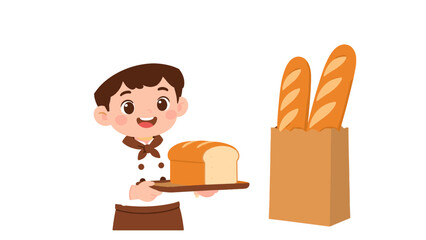 Cute cartoon baker holding bread loaf beside baguettes