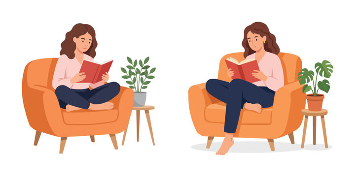 Young woman reading a book in cozy armchair flat vector illustration set