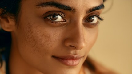 Fototapeta premium Close up portrait of a young woman with natural skin texture and blemishes looking at the camera