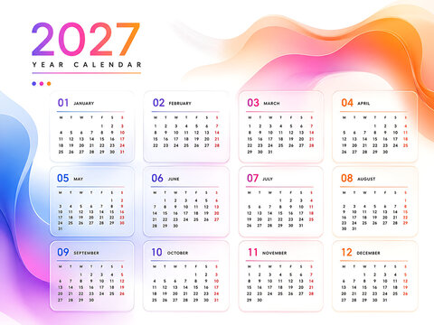 2027 Year Calendar with abstract colorful waves, modern annual planner layout, vibrant gradient monthly schedule for business and personal organization