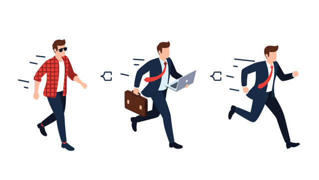 Three isometric male character poses showing a man walking casually, running with a briefcase, and rushing to work in a suit.