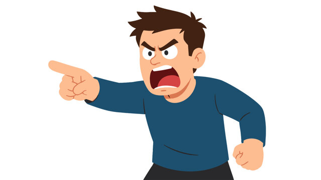 Angry cartoon man pointing and shouting in flat vector style