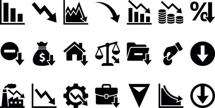 Economic decline and financial loss icons depicting recession and negative market trends