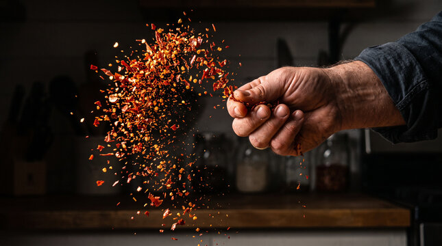 Hand tosses a handful of spicy red chili flakes into the air for seasoning.