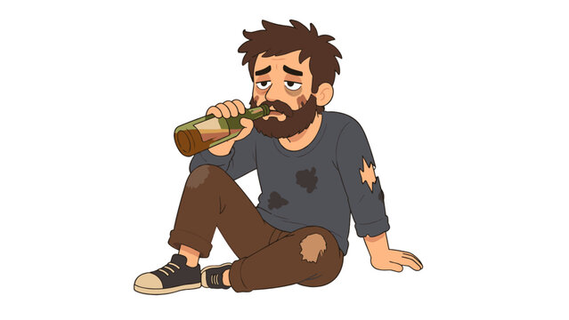 Disheveled bearded man sitting and drinking from a bottle