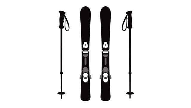 Black skis and ski poles isolated on white background