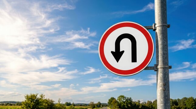 Uturn road sign against a blue sky with clouds