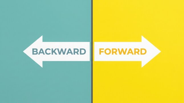 Conceptual image showing backward and forward directions with arrows on teal and yellow background