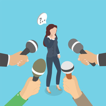 3D Isometric Flat Vector Illustration of Interview, Thoughtful Female Politician Discussing With Reporters Or Journalists