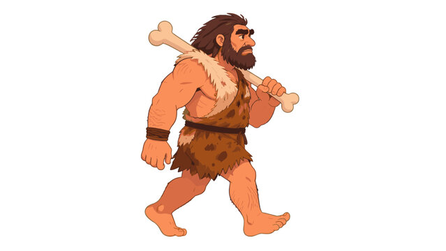 Cartoon caveman walking with large bone on white background