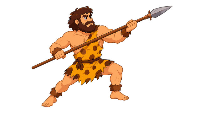 Cartoon prehistoric hunter holding a spear in fighting stance