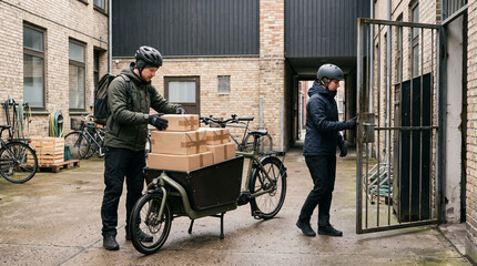 Obraz premium Couriers prepare cargo bicycles at a neighborhood logistics hub