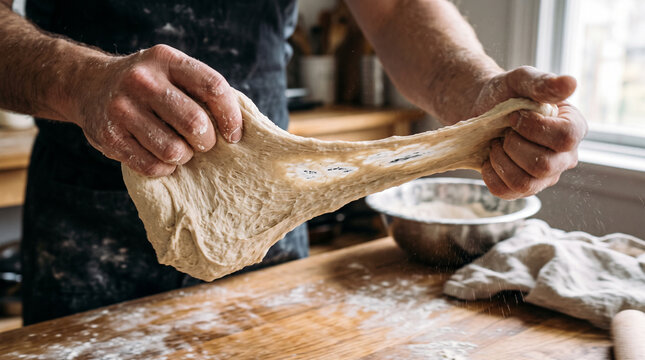 Baker stretching dough for bread making on wooden table in kitchen