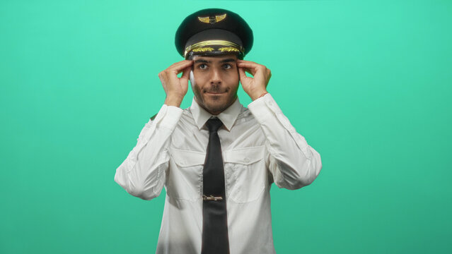 Young hispanic man pilot in uniform and captain hat shrugs with palms up toward camera in studio; career confidence playful.