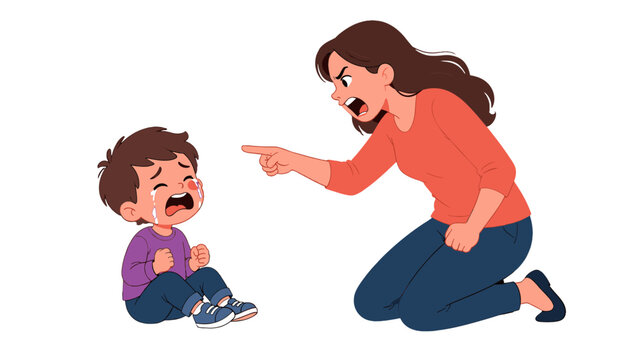 Angry woman pointing at crying child in vector illustration