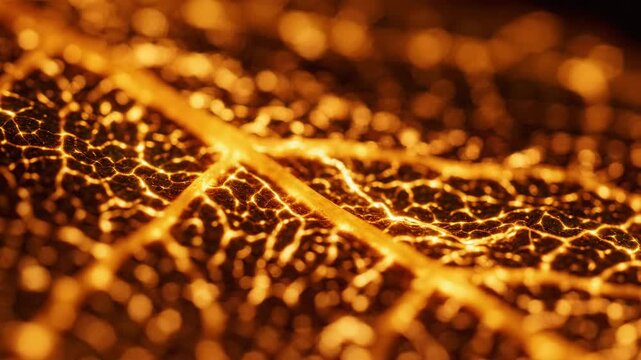 Microscopic View of a Golden Leaf Vein: An extreme close-up reveals the intricate network of a leaf's vascular system, glowing with a warm, golden light, suggesting a biological or scientific process.