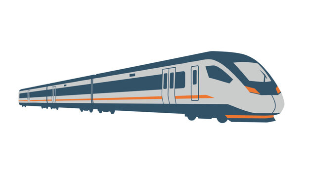 Modern high speed passenger locomotive train moving swiftly on iron tracks, isolated on a clean white background.