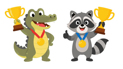 Cartoon crocodile and raccoon holding trophies and gold medals